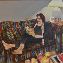 READER ON COUCH, (oil on canvas, 16 by 20 inches)