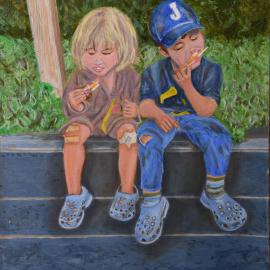 THE ICE CREAM EATERS OIL ON CANVAS 24 BY 18 INCHES